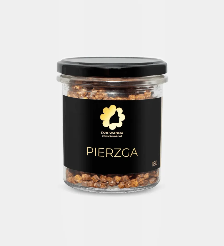 Słoik pierzgi pszczelej 180 g marki Dziewanna na jasnym tle
